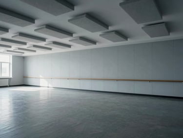 Architectural photograph of an educational facility classroom showing ceiling-mounted acoustic baffles and wall treatment panels in pale gray, empty room, cool diffused north-facing daylight