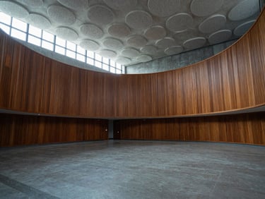 Wide architectural photograph of an empty institutional auditorium showing curved wood-slat wall panels and perforated ceiling clouds, cool diffused daylight from high clerestory windows, no people, warm wood accent against gray concrete