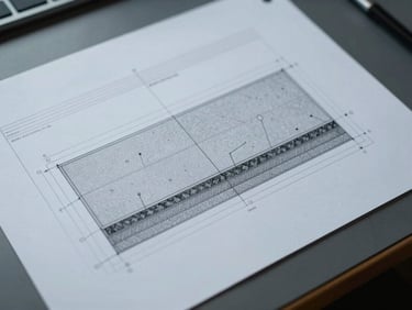 Close-up overhead view of a technical acoustic specification document on a drafting table, construction section drawing visible with annotated isolation layer details, cool diffused studio light, no people, minimal and precise