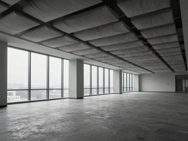 Wide architectural photograph of an empty open-plan commercial office interior showing ceiling-mounted fabric-wrapped acoustic baffles in a linear array, cool north-facing daylight through floor-to-ceiling glazing, no people, neutral gray tones