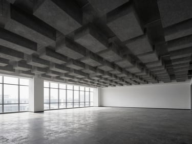 Wide architectural shot of an open-plan corporate office showing suspended acoustic ceiling baffles in a regular array, cool north-facing daylight, empty space, charcoal and white palette