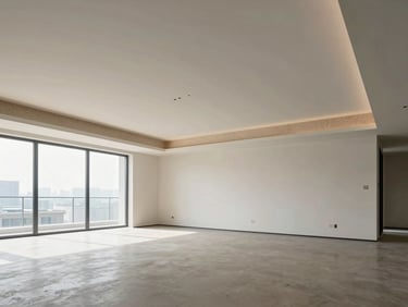 Wide architectural photograph of an empty high-end residential living space showing a floating gypsum ceiling with concealed acoustic treatment layer visible at the junction detail, cool north-facing daylight, no people, minimal furnishing