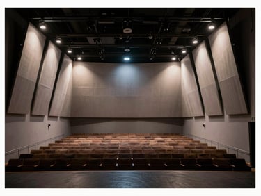 Wide shot of a performing arts black-box theater interior showing angled diffuser panel arrays on side walls and ceiling, cool controlled theatrical lighting off, empty seating area, no people