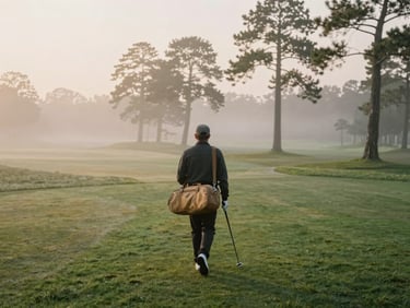 A golfer walking down a misty fairway at dawn, carrying a classic canvas bag, soft morning fog, pine trees in the background, cinematic 35mm