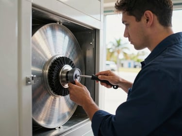 A technician in a navy uniform using a rotary brush tool inside a clean, shiny metal dryer vent line, bright Florida daylight streaming from the exterior exit.