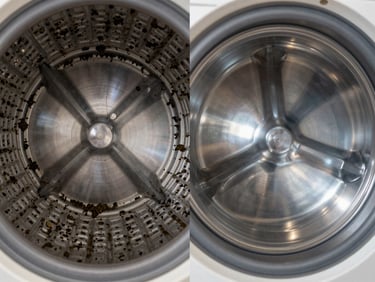 Before and after split screen of a dryer vent interior. Left side shows a heavy restriction of damp, dark lint clinging to the corrugated metal. Right side shows clean, bare metal reflecting cool LED light.