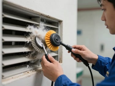 Close-up of a technician in a clean branded uniform clearing a dryer vent line from the exterior wall cap, removing thick lint blockage with specialized mechanical brushes.