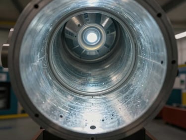 Macro shot of a clean metal air duct interior with sharp LED work light reflecting off bare steel surfaces, showing complete particulate extraction.