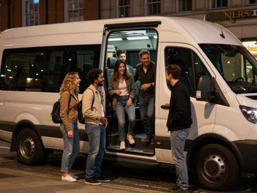 Group of friends loading into a minibus on a Liverpool city street at night, laughing, warm streetlight glow, minibus door open