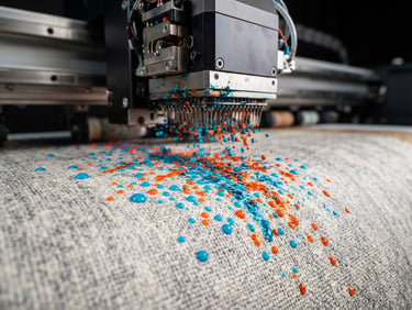 Macro photograph of a high-tech UV printhead depositing vibrant cyan and orange ink droplets onto textured wallpaper, sharp details, studio lighting