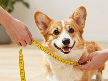 Hands gently measuring a cheerful corgi with a soft yellow tape measure, bright natural daylight, warm patio setting, eye-level, 35mm