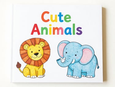 Colorful children's coloring book cover, 'Cute Animals' title, featuring a friendly lion and elephant, bright high-key product photography flatlay.