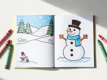 Top-down flat-lay of a children's coloring book with a winter wonderland theme, open to a page with a smiling snowman, surrounded by red and green crayons, bright natural daylight.
