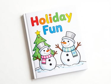 Colorful children's coloring book cover, 'Holiday Fun' title, featuring a happy snowman and Christmas tree, bright high-key product photography flatlay.