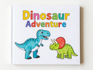 Colorful children's coloring book cover, 'Dinosaur Adventure' title, featuring a happy T-Rex and a Triceratops, bright high-key product photography flatlay.