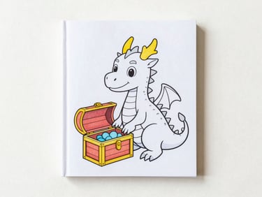Flat lay of a children's coloring book cover featuring a friendly dragon guarding a treasure chest, bright natural daylight, top-down view.
