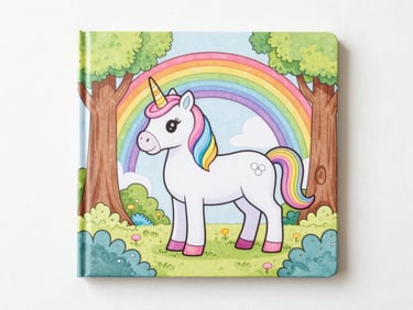 Flat lay of a children's coloring book cover featuring a majestic unicorn in a rainbow forest, bright natural daylight, top-down view.