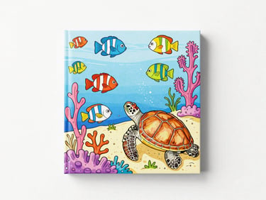 Flat-lay of a coloring book cover with vibrant ocean life (fish, turtle, coral), high-key lighting, soft shadows, clean background.