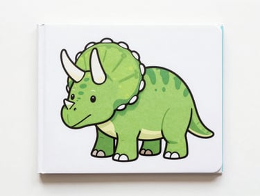 Top-down product shot of a coloring book cover with a friendly green cartoon Triceratops, bright daylight, clean background.
