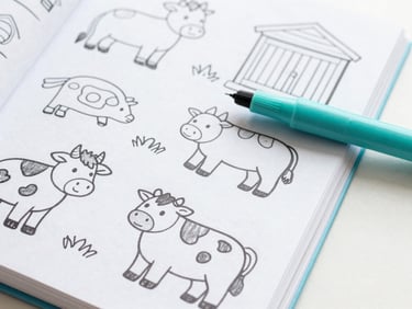 Close-up of an open children's coloring book showing clean line art of farm animals, with a soft teal marker resting on the page, bright daylight, minimal shadows.