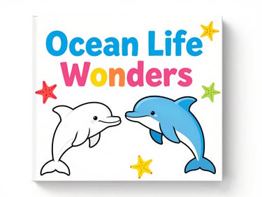 Colorful children's coloring book cover, 'Ocean Life Wonders' title, featuring a friendly dolphin and starfish, bright high-key product photography flatlay.