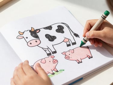 Close-up product shot of an open coloring book showing clean line art of farm animals (cow, pig), children's hands holding crayons, bright natural daylight.
