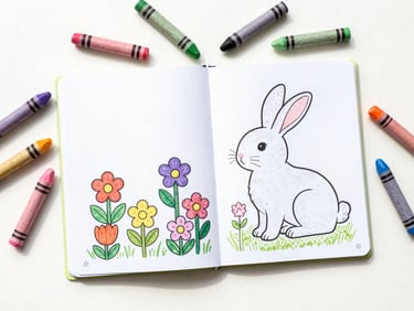Top-down flat-lay of a children's coloring book with a spring theme, open to a page with blooming flowers and a bunny, surrounded by pastel crayons, bright natural daylight.