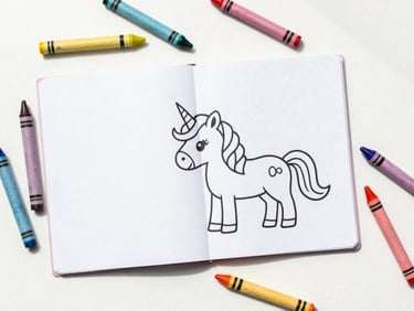 Flat lay of an open children's coloring book with clean line art of a unicorn, surrounded by colorful crayons, bright natural daylight, soft shadows.