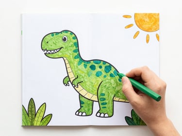 Top-down shot of a vibrant children's dinosaur coloring book cover, with a child's hand holding a green crayon, high-key lighting, cheerful accents.