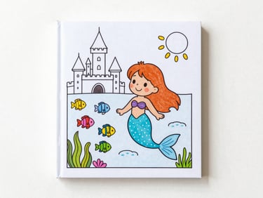Flat lay of a children's coloring book cover featuring a happy mermaid swimming with fish in an underwater castle, bright natural daylight, top-down view.