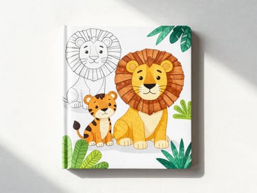 Top-down flat-lay of a children's coloring book cover featuring a friendly lion and jungle animals, bright natural daylight, soft shadows, clean background.
