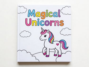 Colorful children's coloring book cover, 'Magical Unicorns' title, featuring a sparkling unicorn and clouds, bright high-key product photography flatlay.