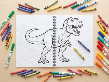 Bright high-key product photography, top-down flatlay of an open dinosaur coloring book showing a bold T-Rex outline, surrounded by colorful crayons and markers on a clean light wood surface, soft natural daylight.