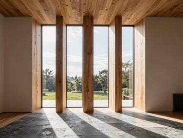 Minimalist residential interior in Providence with towering vertical light wells, sunlight slicing across warm timber beams and slate floors.