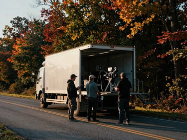 High-contrast cinematic image of film crew members actively working around a production truck on a rural road in Pennsylvania, surrounded by autumn foliage. Golden hour exterior set shot, industrial grit, deep shadows with warm highlights, 35mm lens.