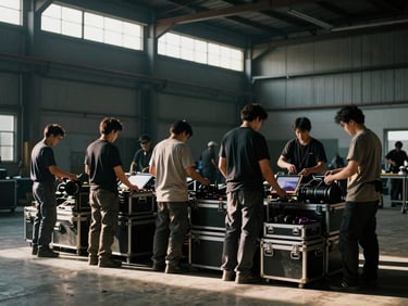 Active crew members in production attire, seen from behind, organizing gear cases on a film set, cool-toned industrial warehouse lighting, cinematic film photography, high-contrast natural light, industrial grit, deep shadows with warm highlights, 35mm lens