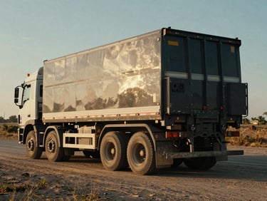 Exterior shot of a heavy-duty production truck, fully loaded, parked on a dusty rural road at golden hour, cinematic film photography, high-contrast natural light, industrial grit, deep shadows with warm highlights, 35mm lens