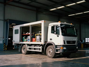 Dramatic shot of a large, modern grip truck parked at an industrial warehouse loading dock, doors open revealing organized equipment, cool-toned industrial warehouse lighting, cinematic film photography.