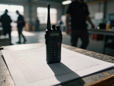 Close-up of a walkie-talkie and call sheet on a production table, with blurred crew members in the background, cool-toned industrial warehouse lighting, cinematic film photography, high-contrast natural light, industrial grit, deep shadows with warm highlights, 35mm lens