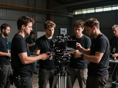 Active crew members in production attire setting up a high-end camera rig on location, focused and professional, dramatic high-contrast natural light, cinematic film photography.