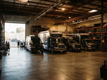 Wide panoramic view of a modern, organized vehicle bay with several heavy-duty grip trucks and camera vehicles parked, industrial lighting, deep shadows, warm highlights, cinematic film photography, 35mm lens, subject slightly off-center to the right, generous negative space on the left.
