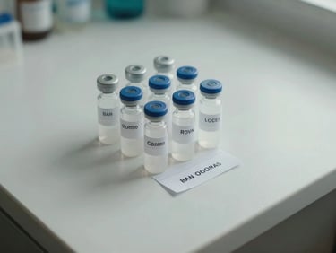 Close-up overhead of labeled sample vials on a clean white countertop inside a residential property, shadowless daylight, cool neutral tones