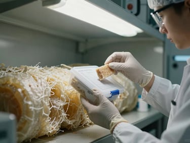Gloved technician collecting a material sample from old pipe insulation in a utility room, placing sample into a labeled evidence container, bright clinical overhead lighting, cool gray tones, no faces visible