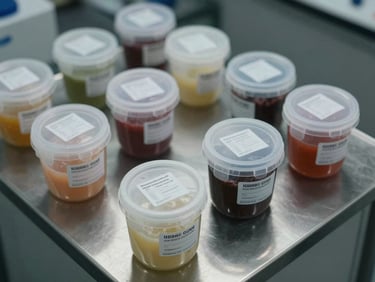 Overhead shot of sealed industrial sample containers on a stainless steel lab bench, labels visible, controlled studio lighting, deep gray background
