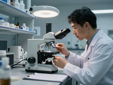 Laboratory technician at a workstation examining a sample under a microscope, documentation clipboard beside the instrument, shadowless studio lighting, stainless steel surfaces, cool clinical tones