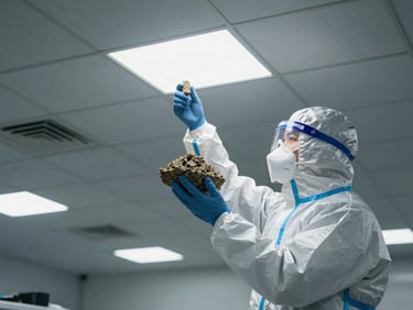 Certified technician in protective gear collecting a bulk material sample from ceiling tile in a commercial office building, bright shadowless overhead lighting, cool gray tones