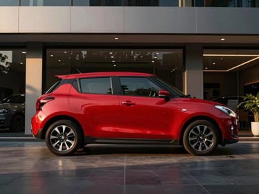 Dramatic exterior profile of a vibrant red Maruti Suzuki Swift, parked in a modern architectural Indian showroom, golden-hour lighting, 35mm prime lens.