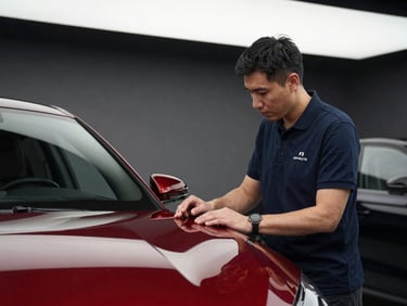 Professional service advisor in a modern, clean showroom workshop, discussing car details with a client, sharp, low-key lighting, 35mm prime lens