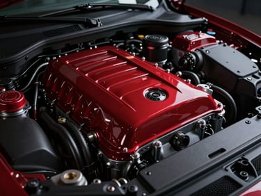 Macro shot of a modern car engine bay, intricate components, sharp reflections, low-key studio lighting, deep graphite and crimson tones, 35mm prime lens