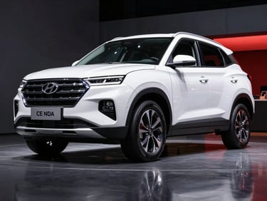 Low-angle heroic shot of a pristine white Hyundai Creta SUV, modern showroom background, sharp reflections, low-key studio lighting, 35mm prime lens.